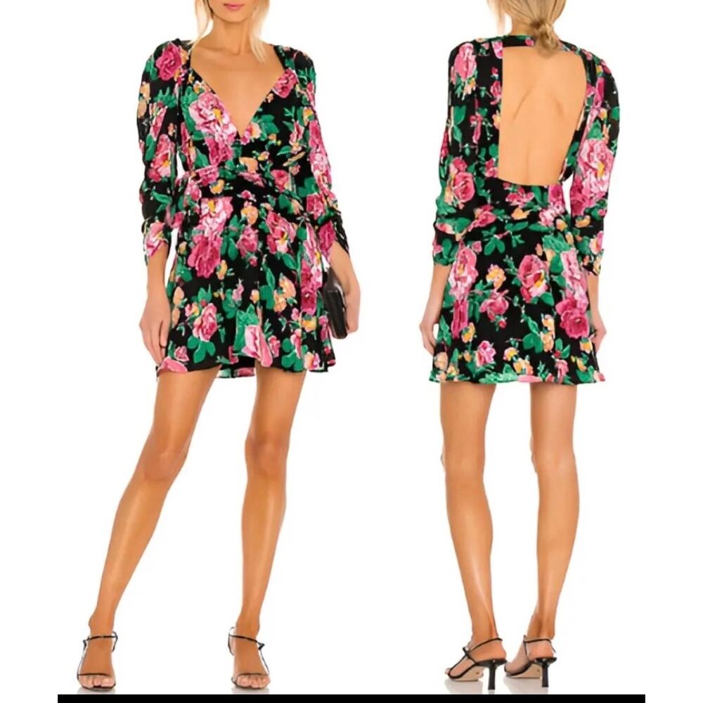 For Love & Lemons Mini Dress Black & Pink Satin Floral June